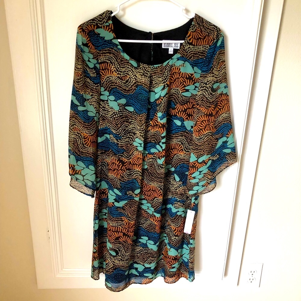 NWT Robbie Bee Tribal Blue Tan 3/4 Sleeve Mini Dress 10 Boho Bohemian